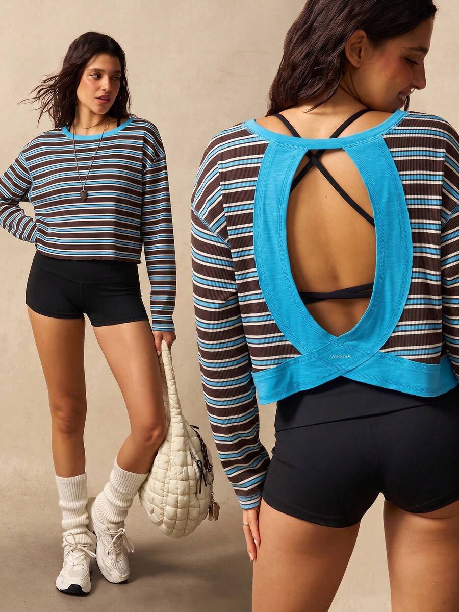 VARSIVA Women's Fashion Striped Colorblock Long Sleeve Sports T-Shirt - Multicolor - View 1