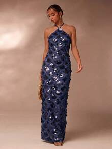 Glamine Women's Solid Color Sequin Glamorous Fitted Halter Neck Dress - Navy Blue - View 6