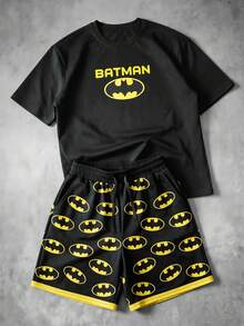 BATMAN X SHEIN Manfinity EMRG 男士字母印花短袖T恤與短褲休閒日常套裝 - 彩色 - 查看 1