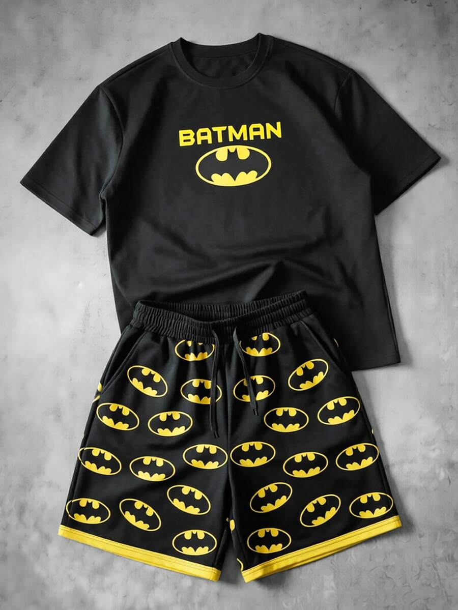 BATMAN X SHEIN Manfinity EMRG 男士字母印花短袖T恤與短褲休閒日常套裝 - 彩色 - 查看 1