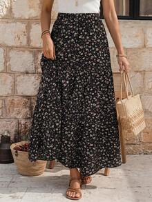EMERY ROSE Women's Patchwork Floral Print Long Midi Skirt - Black - View 1