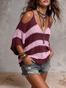 Solivie Women's Fashion Hollow-Out Off-Shoulder Colorblock Sexy Sweater For Vacation - Burgundy - View 7