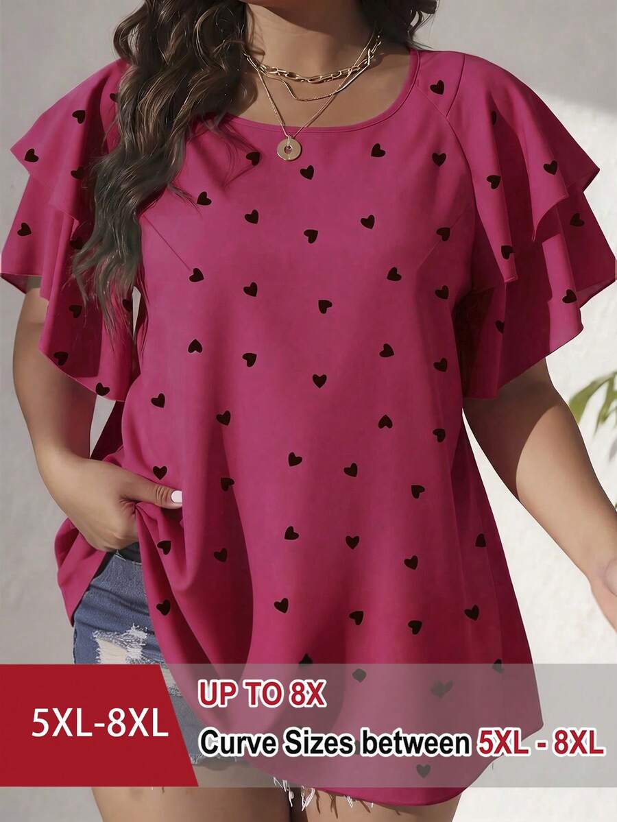 SHEIN CURVE+ 大尺碼女款優雅春夏休閒度假上衣,滿版愛心印花襯衫 - 玫紅色 - 查看 1