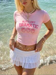 INAWLY Y2K Slogan Strawberry Print Short Sleeve Women Slim Fit T-Shirt, Summer - Pink - View 1