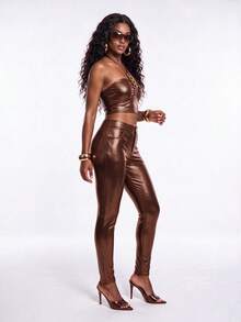 Zyxie Brown Checkered Snake Print Sexy Hot Girl Strapless Tube Top Long Pants 2 Pieces Set Club Party Summer - Rust Brown - View 5