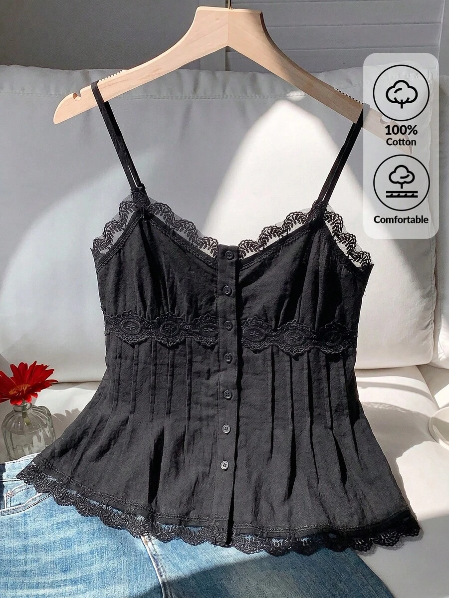Comfortcana 100%純棉蕾絲拼接前開襟背心上衣 - 黑色 - 查看 1