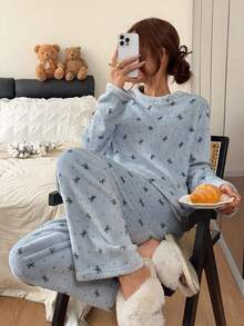 Napfluff Double-Sided Flannel Casual Polka Dot Bow Loose Fit Women's Pajama Set - Blue - View 1
