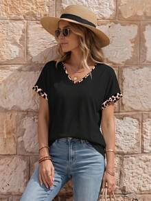 SHEIN LUNE New Fashion Women's V-Neck T-Shirt With Leopard Print Trim - Black - View 1