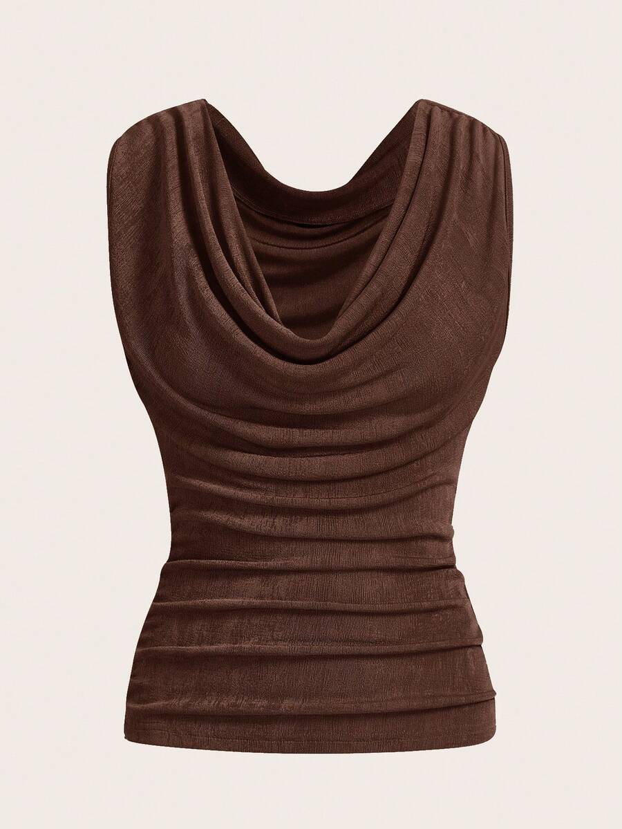 SHEIN ICON Top de tanque ajustada fruncida con cuello drapeado de unicolor informal - Café integral - Ver 1