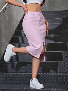 SHEIN Privé 女款高腰口袋開衩下擺休閒牛仔裙 - 淡紫色 - 查看 4