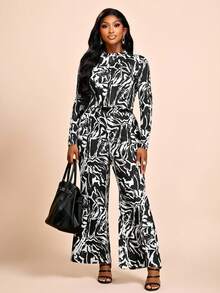 Brilight Women's Casual Sexy Printed Round Neck Long-Sleeved Top + Flared Pants Suit, Simple And Casual, Suitable Night Out Going Out Black And White Autumn - Black - View 7