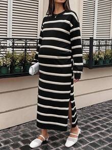 Dazy Maternity 拼色拼接圓領休閒寬鬆短袖長版孕婦洋裝，適合春夏穿著 - 黑與白 - 查看 2