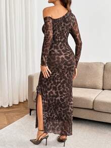 SHEIN Maternity Fashion Sexy Leopard Print Asymmetric Neck Side Slit Dress Winter - Brown - View 4