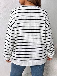EMERY ROSE Sweatshirt Lengan Panjang Bergaris Leher V Wanita, Atasan Kasual Musim Gugur/Dingin untuk Beraktivitas di Luar Ruangan - Putih - View 2
