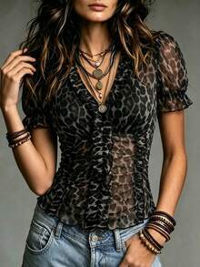 LUMIGAL Summer Fashion Deep V-Neck Leopard Print Sheer Top - Dark Grey - View 8
