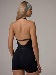 Musera Sport Ruched Bust Seamless Fitted Cinched Waist Halterneck Active Unitard Romper   Daily Casual Pilates Gym Sport Active - Black - View 5