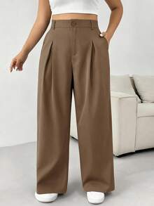 SHEIN PETITE CURVE Plus Size Solid Color Button Casual Wide Leg Pants Graduation,Back To School, - Camel - View 5