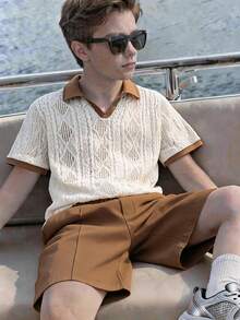 SHEIN 2pcs Teen Boys Casual Vacation Style Textured Fabric Polo Shirt With Collar & Zipper, And Textured Fabric Shorts Set, Suitable For Outings, Street Style, Parties, Spring/Summer - Multicolor - View 7