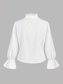 Tween Girl Tween Girls Elegant Ruffle Stand Collar Lantern Sleeve Ruffle Trim Long Sleeve White Blouse, Back To School Preppy Style White Shirt - White - View 4
