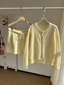 Comfortcana Plus Size Solid Color Cardigan Knitted Shorts Set Office Formal Formal Soft Soft Yellow Autumn Normal Traditional Normal Traditional Winter - Yellow - View 1