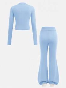SHEIN Tween女孩休閒純色咖啡棕長袖上衣與喇叭褲兩件套 - 藍色 - 查看 3