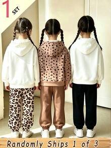 SHEIN 隨機發貨 1 款（共 3 款）豹紋可愛兔子圖案運動衫套裝，適合 4-7 歲女孩秋冬穿著，舒適可愛休閒日常風格 - 彩色 - 查看 2