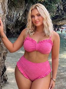 SHEIN Swim 大尺碼女款 2 件式隨機布料休閒泳裝套裝 - 玫紅色 - 查看 4