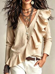 SHEIN Women's Autumn Beige Textured V-Neck Asymmetrical Large Ruffle Long Sleeve Diagonal Cut Loose Flattering Elegant Romantic Blouse Day Party Date - Apricot - View 7