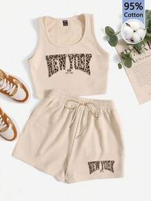 SHEIN EZwear 女款 95% 棉休閒極簡復古豹紋紐約字母圖案圓領修身背心與抽繩短褲兩件套 - 杏色 - 查看 7