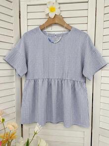 SHEIN EZwear 條紋短袖大尺碼女款襯衫 - 藏蓝色 - 查看 9