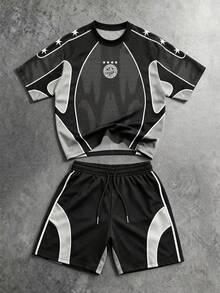 Gym Rark Men's Star Stripe Pattern Print Colorblock Crew Neck T-Shirt And Drawstring Waist Pocket Shorts Sports Set, Gym - Multicolor - View 1
