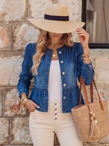 EMERY ROSE Women's Single-Breasted Denim Jacket Traveling Blue Autumn Casual - Blue - View 3