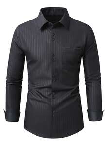 Manfinity CasualCool Men's Solid Color Embossed Stripe Button Design Formal Long Sleeve Shirt - Black - View 4