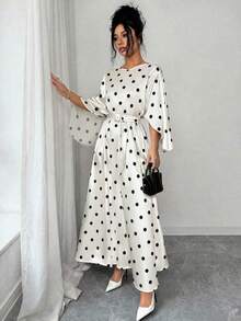 SHEIN Raffinéa Vestido largo elegante y casual para mujer, primavera/otoño, cuello redondo, hombros caídos, con cinturón, blanco con lunares negros, para ocasiones, citas y cumpleaños - Albaricoque - Ver 6