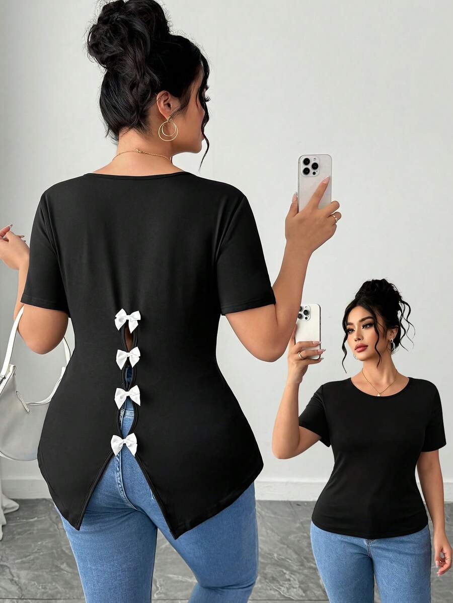 SHEIN Elenzya Kaos Lengan Pendek Ukuran Besar Gaya Prancis Elegan untuk Komuter, Model Pita di Belakang, Musim Semi/Panas - Hitam - View 1