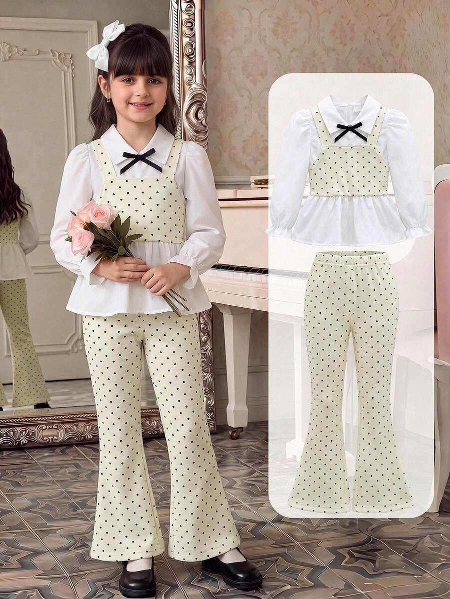 Elladie kids 2件組少女極簡通勤風波點套裝,上衣採一體式2合1結構襯衫,小翻領、收口袖,領口飾細黑蝴蝶結,外層波點短版細肩帶背心,搭配同布料喇叭長褲,俐落修身,微薄,適合校園、日常穿著、逛街、公園穿搭 - 杏色 - 查看 1