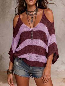 Solivie Women's Fashion Hollow-Out Off-Shoulder Colorblock Sexy Sweater For Vacation - Burgundy - View 9