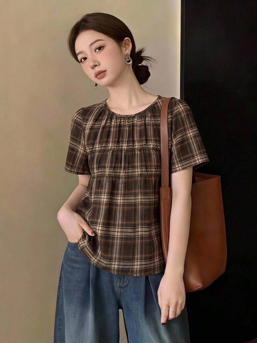 Yumoku Kemeja Lengan Pendek Kotak-kotak Kasual untuk Wanita Musim Panas - MultiWarna - View 1