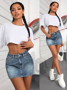 SHEIN PETITE Women's Casual Denim Mini Skirt With Pockets - Blue - View 6