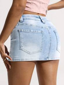 Jeanoix Cowgirl Plus Size Women's Y2K Casual Swaggy Blue Stretch Sexy Mini Denim Skirt Date Night Out Summer - Light Wash - View 3