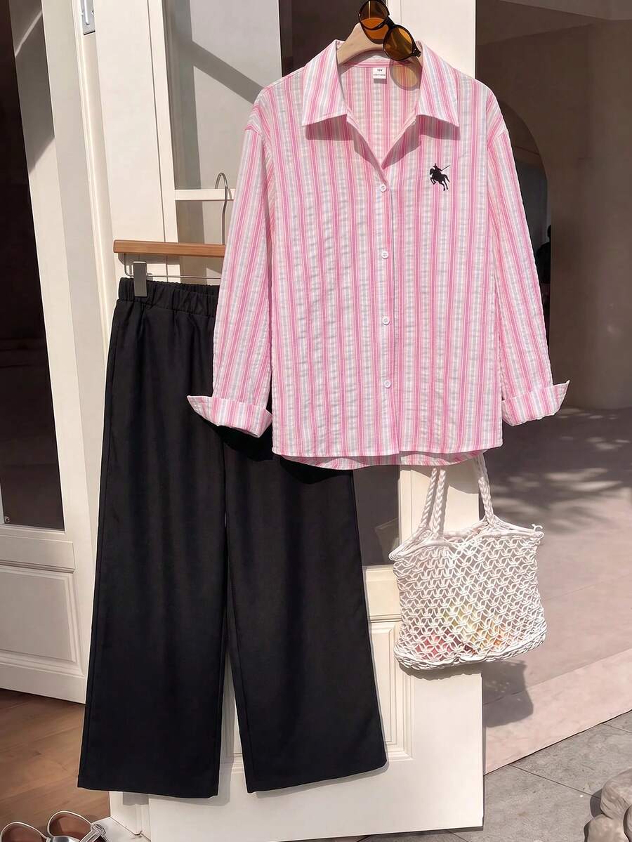 SHEIN Tween女孩淺卡其色紋理2件套,刺繡翻領長袖襯衫搭配同材質鬆緊腰寬腿褲,親膚面料,休閒隨性風格女裝,春夏/秋冬日常街頭穿搭通勤套裝,小眾設計極簡風童裝 - 彩色 - 查看 1