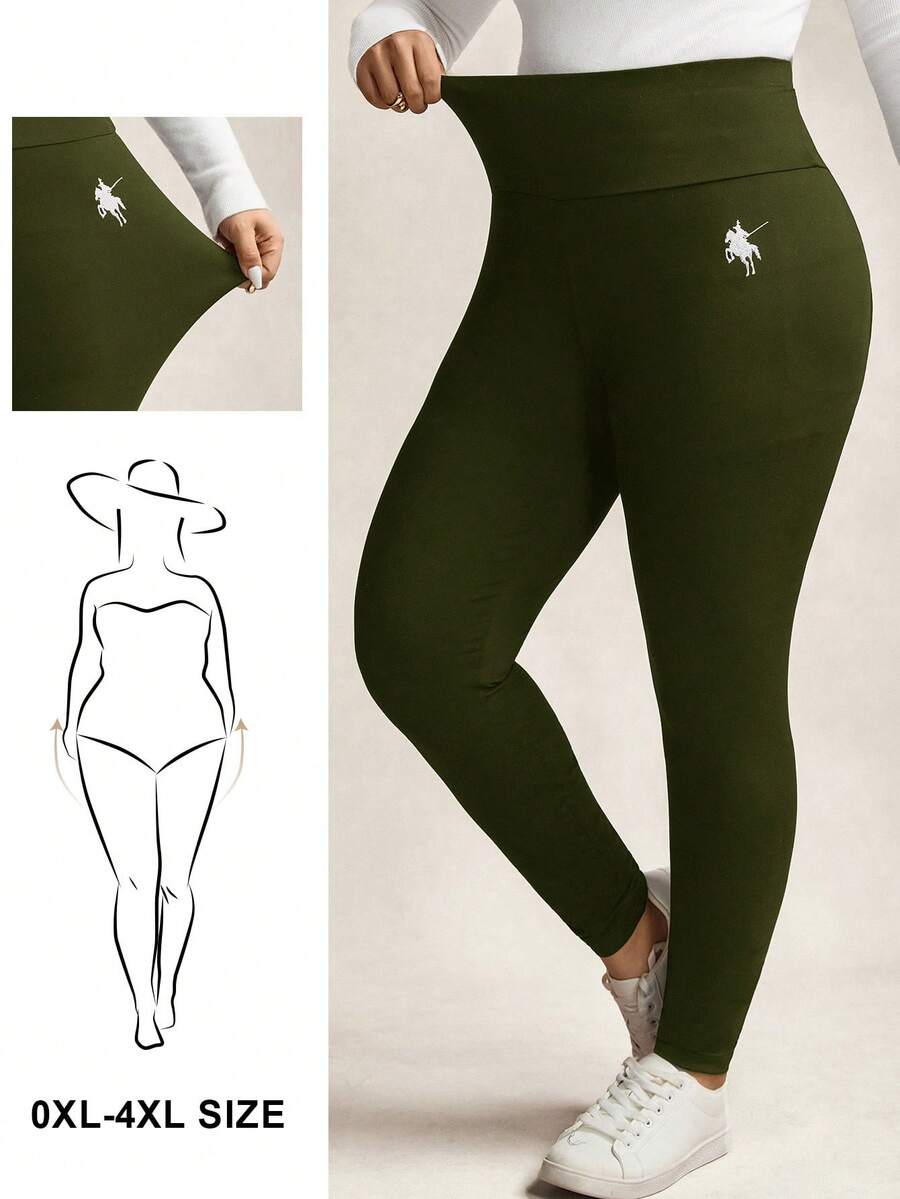 SHEIN LUNE 大尺碼女款馬術圖案休閒日常穿著緊身內搭褲 - 軍綠色 - 查看 1