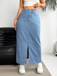 Rivivi Women's Fashionable Simple High Waist Slim Fit Split Denim Midi Skirt - Blue - View 4
