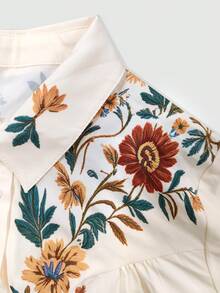 LanaWest CURVE Plus Size Women's Woven Regular Fit Autumn/Winter American Western Vintage Country Floral Embroidery Lapel Long Sleeve Single-Breasted Loose Casual Shirt - Apricot - View 5