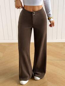 SHEIN EZwear 女款純色休閒百搭日常運動長褲 辦公通勤 深棕色 秋季 - 摩卡棕 - 查看 2