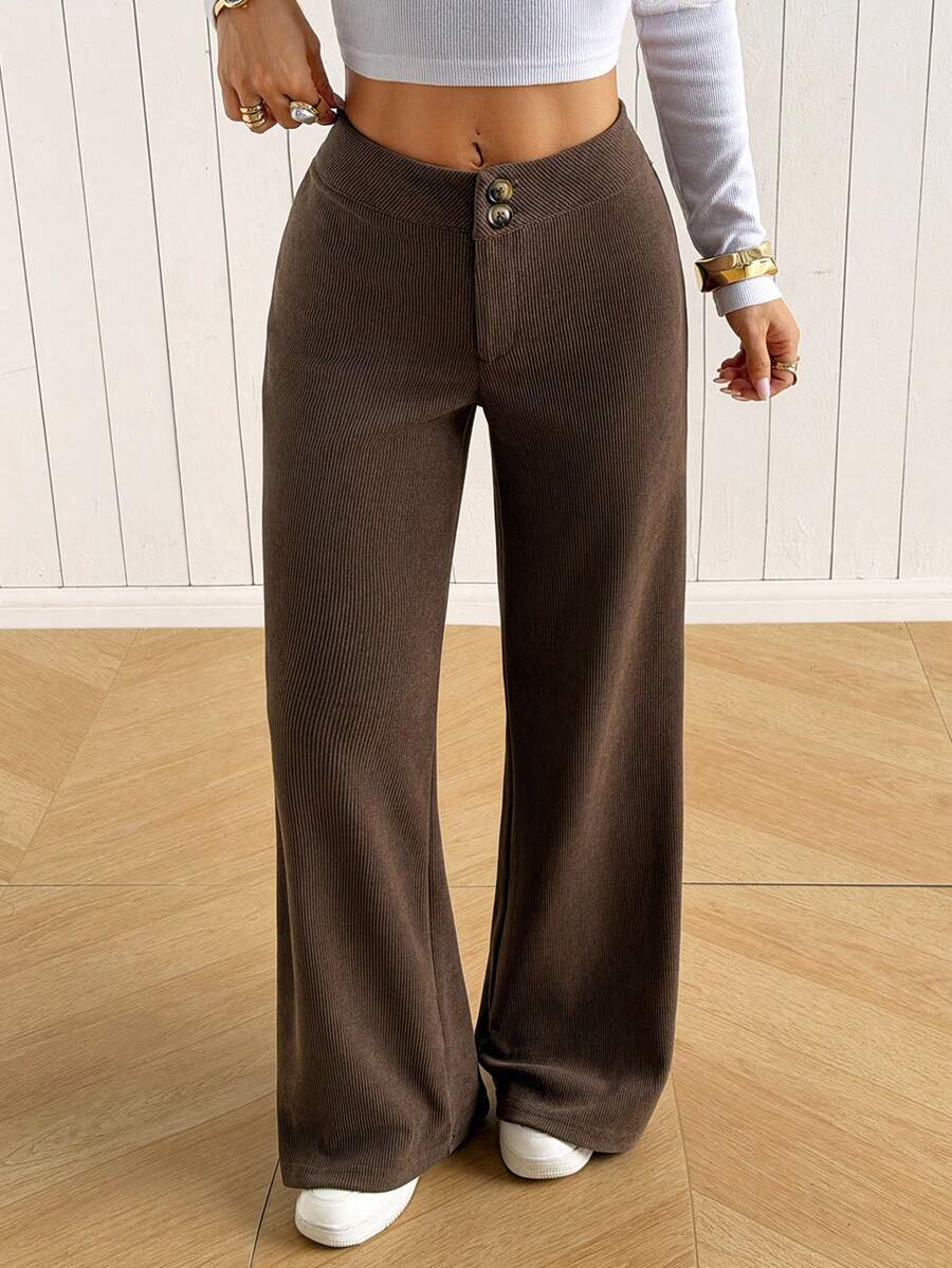 SHEIN EZwear 女款純色休閒百搭日常運動長褲 辦公通勤 深棕色 秋季