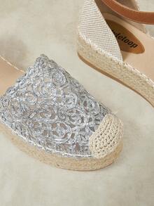 Styleloop Ladies Retro Silver Vacation Style Hollow Woven Pull-Up Belt Hemp Rope Platform Shoes - Silver - View 5