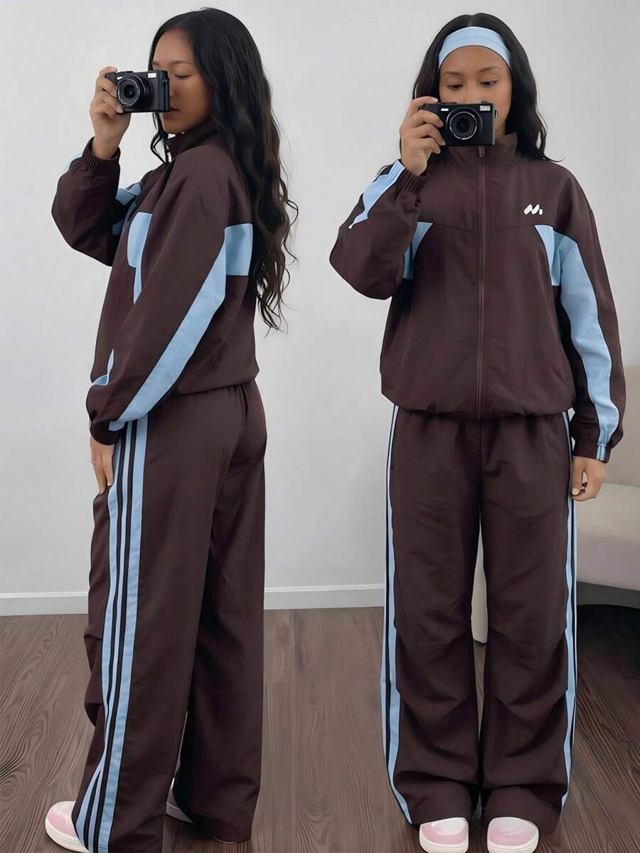 SHEIN 2件組女款秋冬休閒時尚度假旅行通勤立領棕色長袖寬鬆夾克與梭織百搭寬腿長褲 - 棕色 - 查看 1