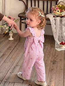 LMoss Kids 女婴条纹荷叶边领休闲连体衣 - 淺粉色 - 查看 3