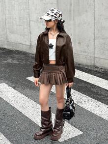 SHEIN Jaket Kulit PU Warna Polos Cokelat dengan Kerah untuk Remaja Perempuan, Jaket Kasual Pendek, Jaket PU Gaya Jalanan Keren untuk Olahraga dan Berkendara dengan Resleting, Jaket Luar Serbaguna Warna Cokelat Tua, Cocok untuk Kembali ke Sekolah - Coklat - View 3